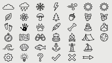 Nature & Adventure Icon Grid: Black-and-White Symbols Featuring Weather, Wildlife, Camping Gear, and Outdoor Motifs for Bohemian-Inspired UI, Journaling, and Mystical Visual Storytelling