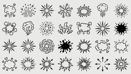 Organic Burst Icons: A Grid of Black-and-White Abstract Shapes Featuring Starbursts, Spirals, Clouds, and Floral Forms for Bohemian-Inspired UI, Branding, and Mystical Visual Storytelling