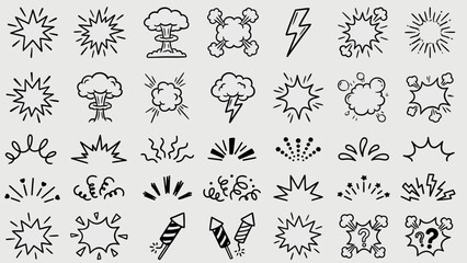 Comic Impact Icons: A Grid of Hand-Drawn Black-and-White Explosions, Lightning Bolts, Starbursts, and Abstract Bursts for Bohemian-Inspired Visual Storytelling in Campaigns, UI, and Graphic Design