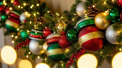 Vibrant Christmas Garland Adorned with Festive Ornaments, Twinkling Lights, and Berries