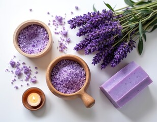 Lavender bath salt in wooden bowls, fresh lavender flowers, candle and purple soap on white background. Aromatherapy products for relaxation and wellness. Calming spa essentials for self care routine.