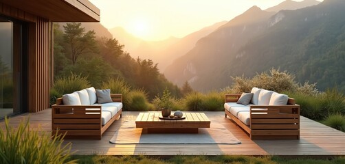 Fototapeta premium Modern wooden patio furniture sits on a deck facing mountains at sunrise. Plants surrounds the seating area. Calm morning light bathes the scene in warm tones.