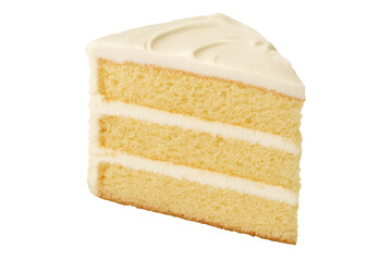 Fototapeta premium Slice of sweet vanilla cake showing multiple layers of sponge and creamy white frosting, isolated for easy use