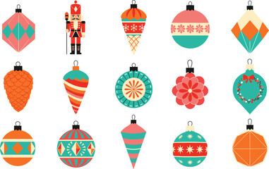Christmas ornament and nutcracker icon set, festive holiday decorations, baubles, pinecones, stars, clipart bundle