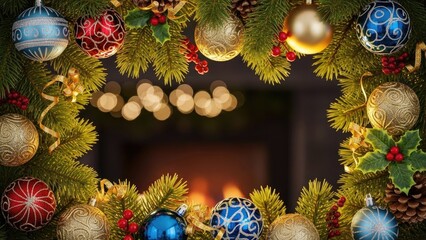 Festive Christmas Frame with Ornaments and Warm Fireplace Bokeh Background