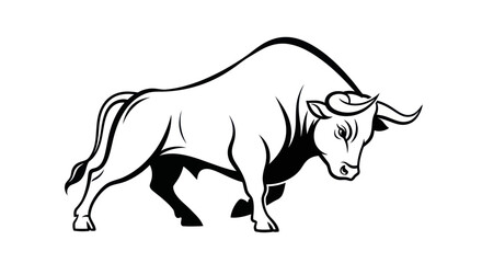 Bold monochrome illustration of a bull with strong physique and curved horns
