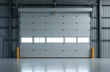 Large industrial overhead door with windows provides entry to warehouse space. Sectional metal gate lifts open for loading dock access. Modern interior view.