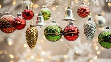 Festive Christmas Ornaments with Sparkling Bokeh Lights Background