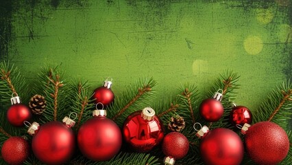 Festive Red Christmas Ornaments and Fir Branches on Green Textured Background with Copyspace