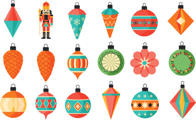 Christmas ornament and nutcracker icon set, festive holiday decorations, colorful baubles, pinecones, drops, clipart bundle