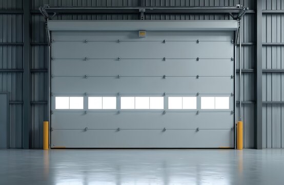 Large industrial overhead door with windows provides entry to warehouse space. Sectional metal gate lifts open for loading dock access. Modern interior view.