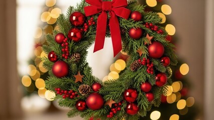 Traditional Christmas Wreath with Red Ornaments and Festive Bokeh Lights