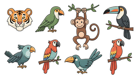 Obraz premium Vibrant collection of cute jungle animals featuring a friendly tiger, playful monkey, and colorful tropical birds