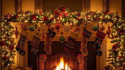 Warm Glow of a Festive Christmas Fireplace with Decorated Mantel, Garland, and Hanging Stockings