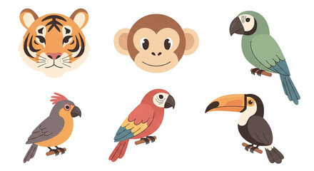 Obraz premium Charming collection of cute jungle animals featuring a tiger monkey and colorful tropical birds ready for your design project