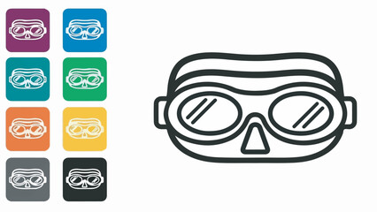 Modern Line Style Safety Goggles or Ski Mask Vector Icon Set Isolated