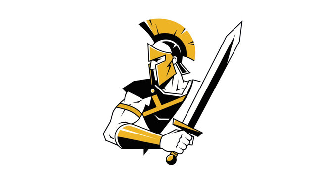 Bold spartan warrior holding sword illustration on white background