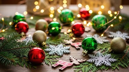 Christmas Decorations Background with Festive Ornaments, Evergreen Branches, and Bokeh Lights