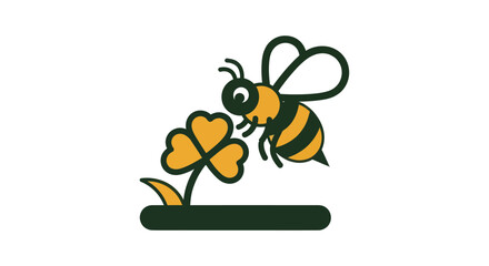 Cartoon bee approaches clover flower on white background illustration