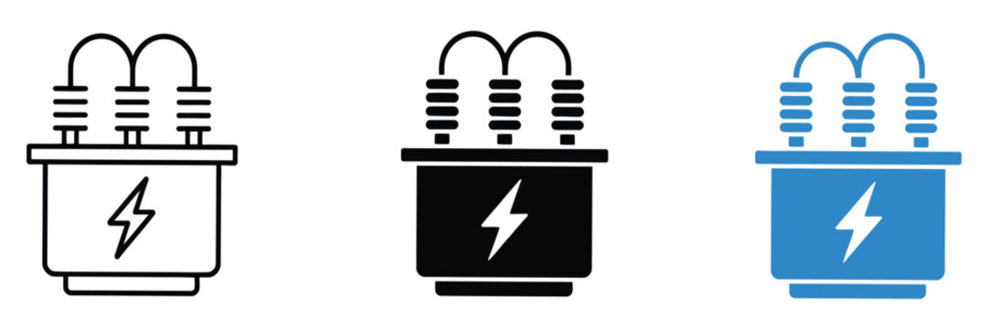 Black vector icons of electrical transformers and substation equipment, including current transformer boxes and power station symbols, isolated on white background.