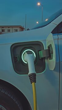 Electric vehicle charging station at dusk automotive technology concept energy saving