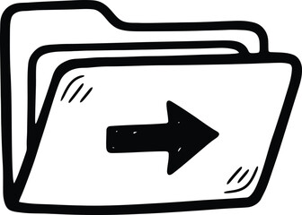 Hand-drawn simple folder with an arrow pointing out icon, doodle solid black on white, indicating file share or export, quick archive sketch