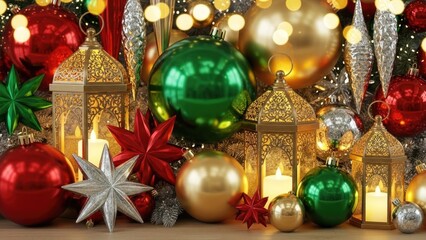 Elegant Christmas Decorations with Glowing Lanterns and Ornaments Background