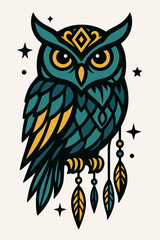Fototapeta premium Decorative Night Owl with Hanging Charms and Stars in Elegant Mystic Style