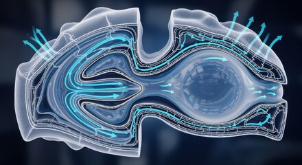 Crosssectional illustration of a bioinspired soft actuator demonstrating airflow paths and expansion chambers in pneumatic cycle experiments.