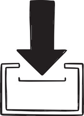 Hand-drawn simple arrow pointing into a box icon, doodle solid black on white, indicating import or entry, quick action sketch
