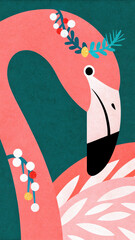 Tropical Christmas Flamingo concept. Colorful illustration of a flamingo adorned with floral elements on a textured background.