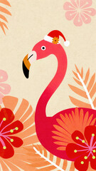 Tropical Christmas Flamingo concept. Cheerful pink flamingo in a festive hat surrounded by tropical flowers and leaves.