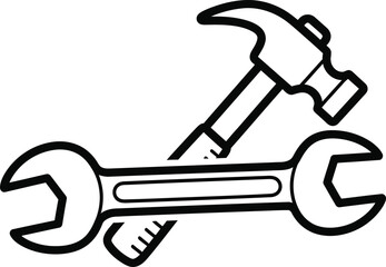 Doodle simple wrench and hammer icon, hand-drawn solid black on white, indicating construction or repair, quick tool sketch