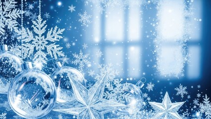 Sparkling Blue Winter Holiday Background with Frosted Snowflakes and Glass Ornaments