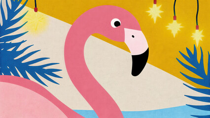 Tropical Christmas Flamingo concept. Colorful illustration of a pink flamingo surrounded by tropical leaves and lights.