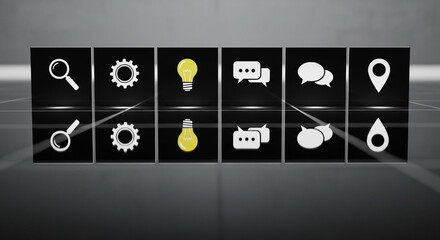 Modern professional interface icons for search settings ideas communication location and data presentation