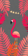 Tropical Christmas Flamingo concept. Vibrant illustration of a pink flamingo surrounded by colorful leaves and fairy lights.