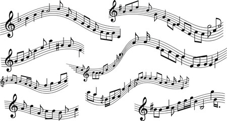 Musical staff illustration set, flowing treble clef and note patterns, artistic music symbols, rhythm clipart bundle