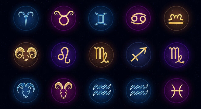 Stunning collection of glowing neon zodiac signs set against a deep, mysterious starry night sky background - Powered by Adobe