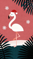 Tropical Christmas Flamingo concept. Festive flamingo wearing a Santa hat amidst tropical foliage and snowflakes.