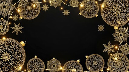 Elegant Golden Christmas Ornaments and Snowflakes Frame with Festive String Lights on Black Background