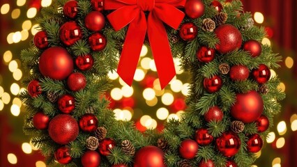 Classic Christmas Wreath with Red Ornaments, Bow, and Festive Bokeh Background