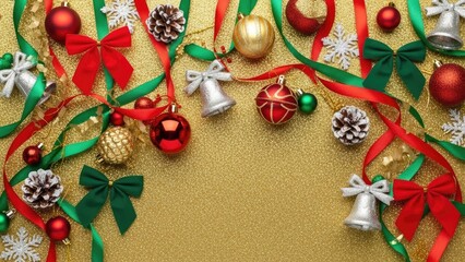 Sparkling Christmas Holiday Background with Golden Glitter Copyspace, Festive Ornaments, and Vibrant Ribbons