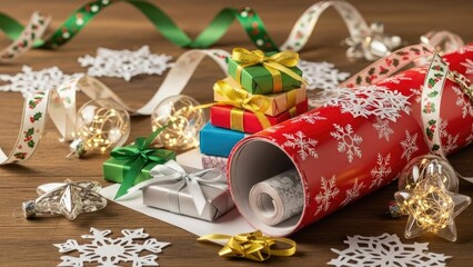 Festive Christmas Gift Wrapping Scene with Presents and Ornaments on Wood