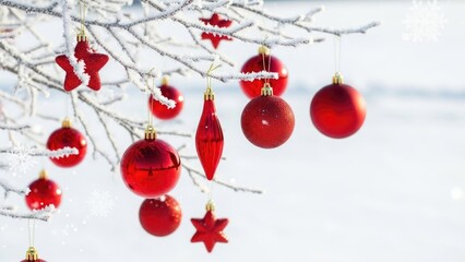 Festive Red Christmas Ornaments on Frosty Winter Tree Branches with Snowy Background