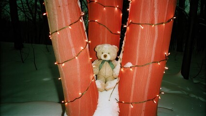 Dark Chirstmas A teddy bear nestled between two colorful trees.