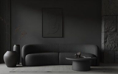 Moody Dark Interior with Modern Wall Art and Sculptural Decor