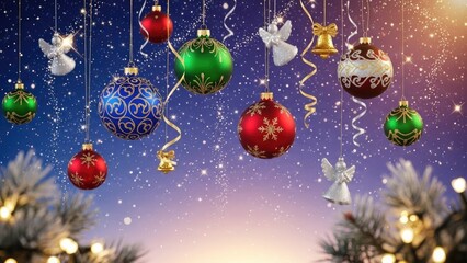 Sparkling Christmas Ornaments Background with Festive Lights and Copyspace