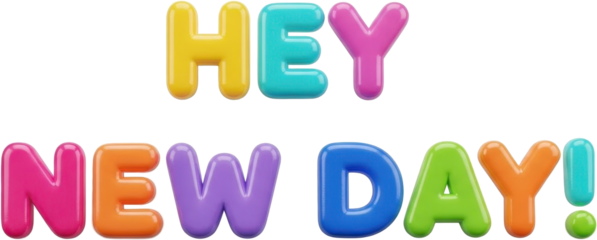 Hey New Day positive message in vibrant bubble font.