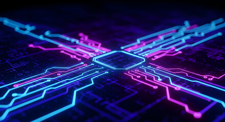 Modern neon circuit board design for technology innovation and digital transformation projects shines in electric blue and pink